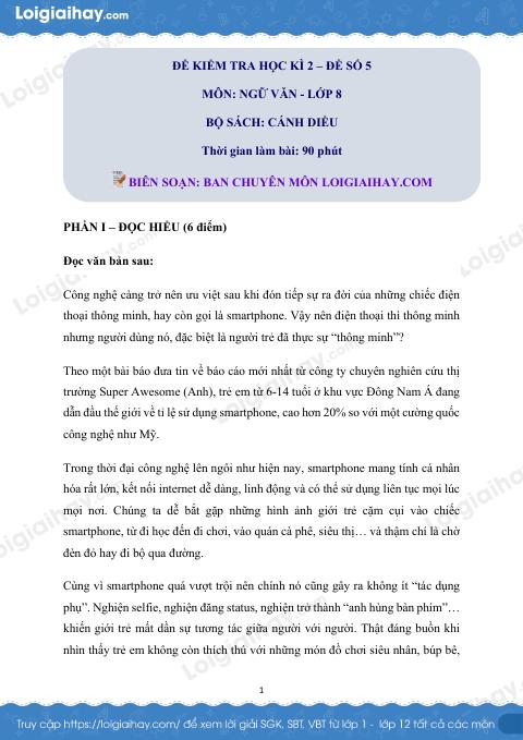 Đề thi học kì 2 Văn 8 Cánh diều - Đề số 5